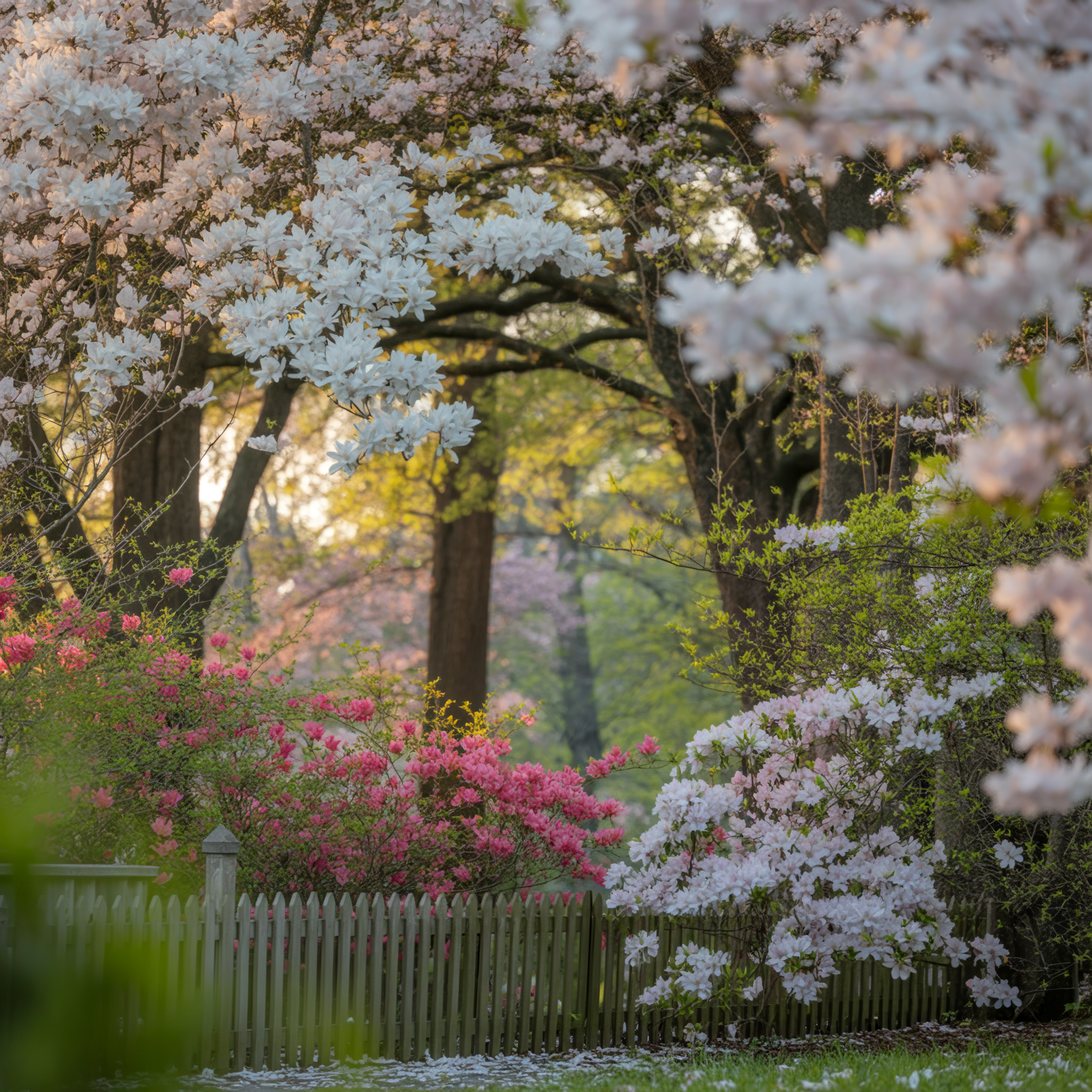 Soft rustic Southern garden with magnolias and azaleas
